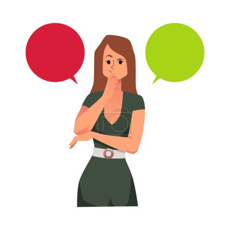 Curious female character thinking and choosing between two options, flat vector illustration isolated on white. Empty speech or thought bubbles. Woman making decision.