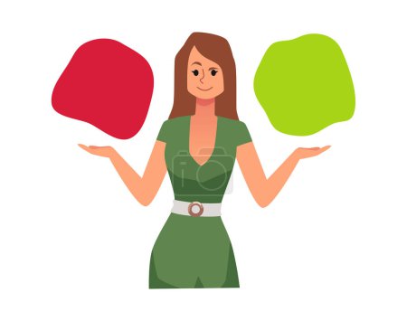 Woman making decision choosing between red and green buttons. Woman confused by choice making yes or no decision, flat vector illustration isolated on white background.