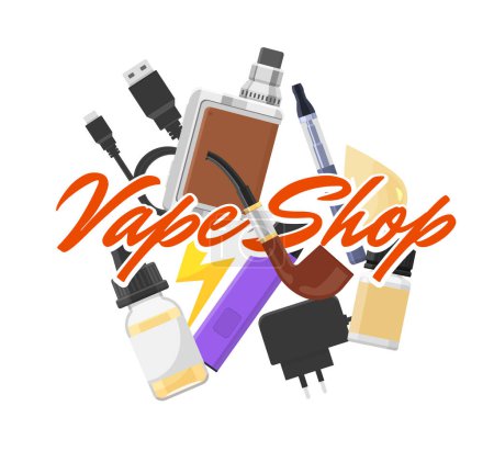 Illustration for Vape shop advertising logo or icon, flat vector illustration isolated on white background. Various devices for smoking and vaping, bottles with flavored liquids and chargers. - Royalty Free Image