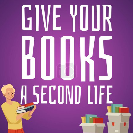 Illustration for Secondhand bookshop or bookcrossing banner or poster design. Idea of sharing and exchanging books for web banner or social media, flat vector illustration. - Royalty Free Image