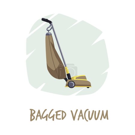Illustration for Retro bagged vacuum cleaner, flat vector illustration isolated on white background. Household equipment or appliance, poster template. Mains handstick hoover with bag. - Royalty Free Image