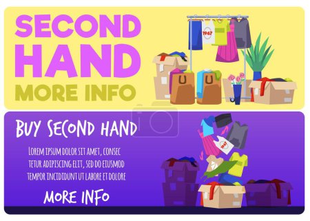 Second hand shops web banners set, flat vector illustration. Cardboard boxes and stalls with vintage clothes. Flea market advertising. Concepts of charity and donation.
