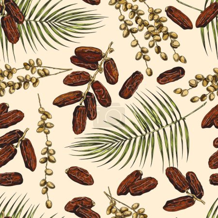 Illustration for Dates seamless pattern, hand drawn colored sketch vector illustration. Background with concept of date palm tree. Fresh and dried date fruit and palm tree green branch. - Royalty Free Image