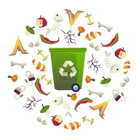 Müllcontainer mit Essensresten und Essensresten für die getrennte Müllabfuhr. Umwelt und Naturressourcen, flache Vektordarstellung isoliert auf weißem Hintergrund.