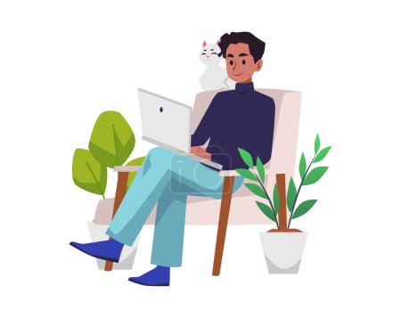Stylische Junge Werbetexter arbeiten zu Hause mit Katze flachen Stil, Vektorillustration isoliert auf weißem Hintergrund. Home Office, ferne Arbeit, junger lächelnder Charakter