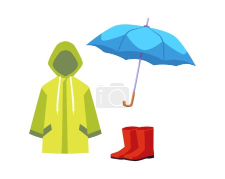 Conjunto de ropa infantil para época de lluvias estilo plano, ilustración vectorial aislada sobre fondo blanco. Impermeable, paraguas y botas de goma, protección