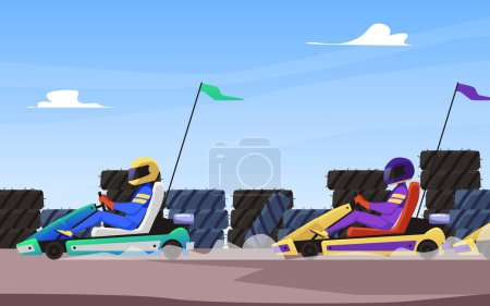 Illustration for Speed karting race competition scenery backdrop, flat vector illustration. Background design with karts competing on speed track with tire guardrails. - Royalty Free Image