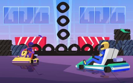Illustration for Background template with kart cars competing on speed track, flat vector illustration. Covered speed track for speed racing or recreation extreme activity. - Royalty Free Image