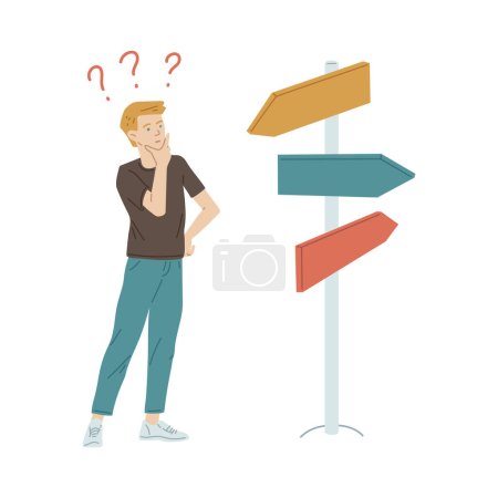 Confused man standing in front of path sign choosing pathway, flat vector illustration isolated on white background. Character with questions mark above head. Decision making of life choice.