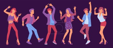 Illustration for Young men and women dancing near campfire, flat vector illustration isolated on dark background. Camping fire party, music festival leisure and tourism activity. - Royalty Free Image