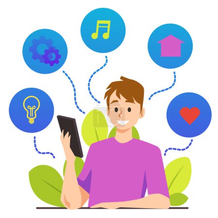 Illustration for Internet user behavior research concept with man using smartphone, flat vector illustration isolated on white background. Clients experience and customers online behavior. - Royalty Free Image