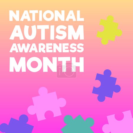 Illustration for Squared banner about national autism awareness month flat style, vector illustration on gradient background. Puzzle pieces, decorative design, sign of autism - Royalty Free Image