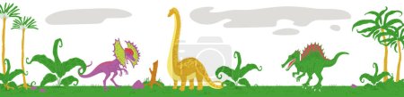Illustration for Cute Jurassic epoch landscape with various dinosaurs walking, flat vector illustration. Exotic plants and trees. Tyrannosaurus, diplodocus and dilophosaurus - great for kids design. - Royalty Free Image