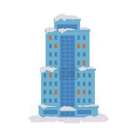 Illustration for Snowdrifts on skyscraper building, flat vector illustration isolated on white background. Snowy cold winter weather in the city. Business center or residential house during snowstorm. - Royalty Free Image