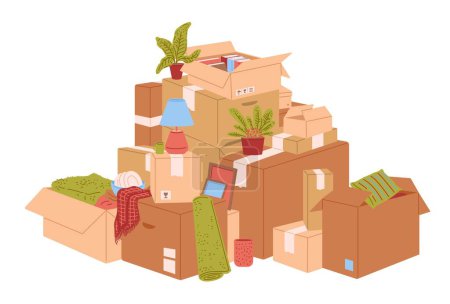 Illustration for Big pile of cardboard boxes and household objects, flat vector illustration isolated on white background. Concept of moving to new home. Books, lamp, plant, blanket and pillow packed in carton boxes. - Royalty Free Image