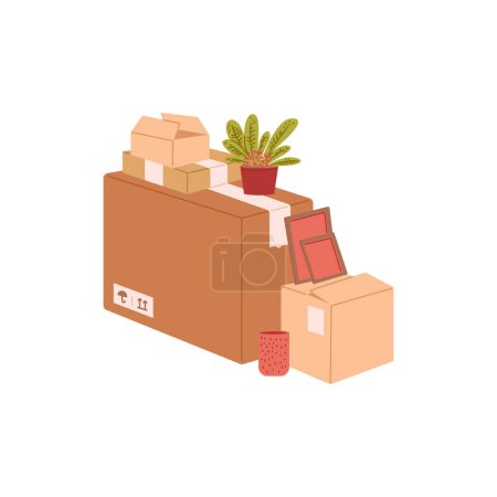 Illustration for House moving and office relocation concept flat vector illustration isolated on white background. House belongings packed for moving into cardboard boxes. - Royalty Free Image