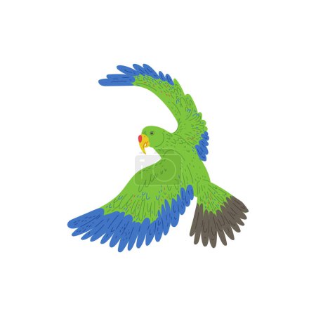Illustration for Flying aratinga or macaw parrot with green plumage flat vector illustration isolated on white background. South American or tropical parrot bird with colorful feathers. - Royalty Free Image