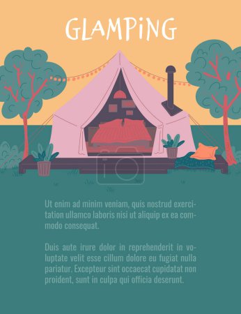 Illustration for Glamping promo banner or poster with tent for comfortable luxurious accommodation of tourists, flat vector illustration. Relax in nature and travel banner. - Royalty Free Image