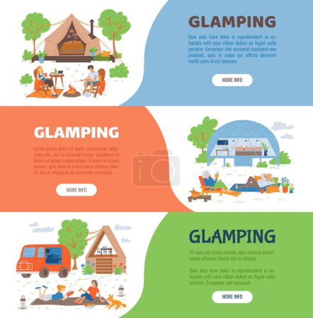 Vacaciones en folletos de glamping o banners horizontales, ilustración de vectores planos. Glamping y alojamiento de camping en la naturaleza colección de carteles publicitarios.