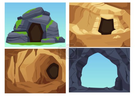 Illustration for Cave rocky landscape backdrops collection of square banners, flat vector illustration. Cave chamber entrance and exit, inside mountain backgrounds set. - Royalty Free Image