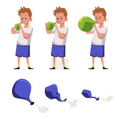 Boy inflates a balloon, blowing hard into air balloon, icons collection, flat vector illustration isolated on white background. Balloon in different stages of inflation.