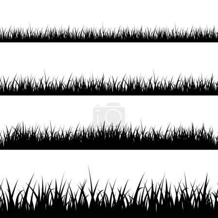 Téléchargez les illustrations : Lawn grass seamless borders silhouettes set, vector illustration isolated on white background. Decorative endless elements or edges decor in shape of lawn grass. - en licence libre de droit