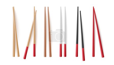 Illustration for Asian food chopsticks collection realistic vector illustration isolated on white background. Bamboo stick traditional utensils set for asian food restaurant. - Royalty Free Image