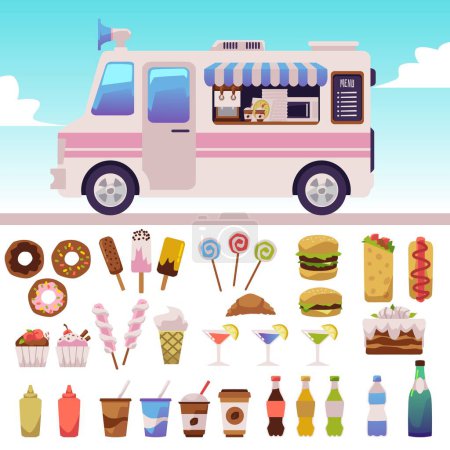 Téléchargez les illustrations : Food truck vehicle and fast food set, flat vector illustration. Collection of various snacks and sweets - burger, ice cream, donut, hot dog and soda drinks. Concept of street food festival. - en licence libre de droit