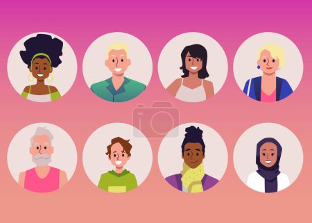 Illustration for Set of people round avatars of social media flat style, vector illustration isolated on gradient background. Diversity, group of images people of different ages and nationalities - Royalty Free Image