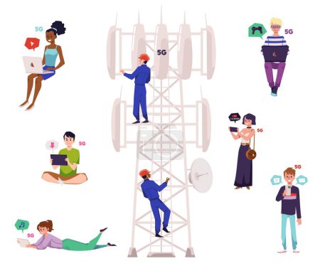 Illustration for Set of people using 5G technologies for working, playing and downloading files flat style, vector illustration isolated on white background. Workers on telecommunications tower - Royalty Free Image