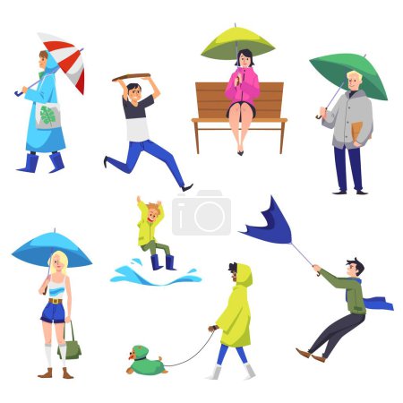 Illustration for Set of people with umbrellas flat style, vector illustration isolated on white background. Rainy weather, different emotions, wind fighting, autumn season - Royalty Free Image
