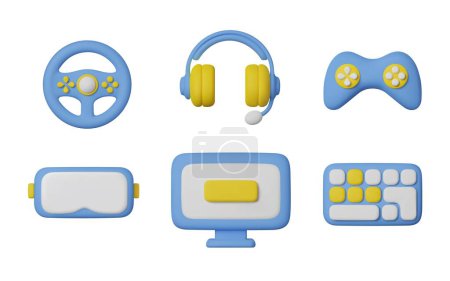 Ilustración de Gamer equipment 3d render set, vector illustration isolated on white background. Joystick, keyboard, computer screen, headset and VR glasses. Concepts of gaming and virtual reality. - Imagen libre de derechos