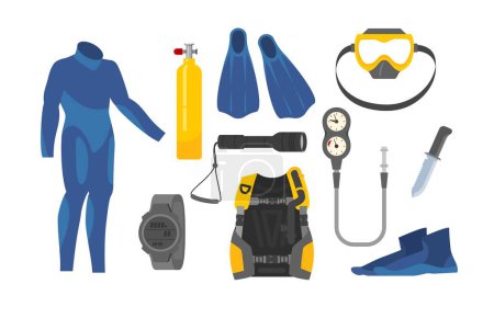 Set of scuba diver equipment flat style, vector illustration isolated on white background. Blue wetsuit and flippers, oxygen tank, mask. Tools for underwater explorations