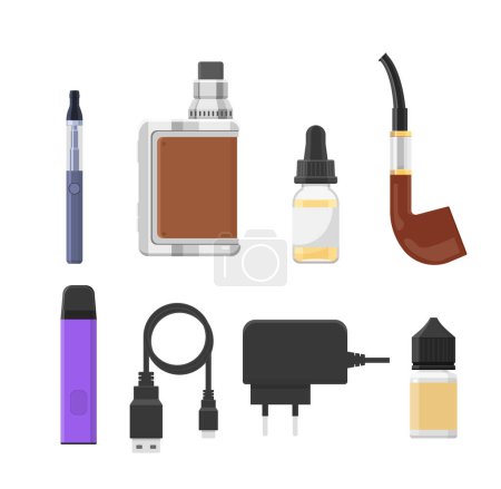 Illustration for Vaping accessories and equipment set, flat vector illustration isolated on white background. Various vapes - retro pipe and modern devices, charger and cable, bottles with liquid flavors. - Royalty Free Image