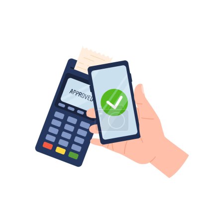 Ilustración de Payment terminal and hand holding smartphone flat style, vector illustration isolated on white background. Successful transaction, NFC pay hand, design element - Imagen libre de derechos