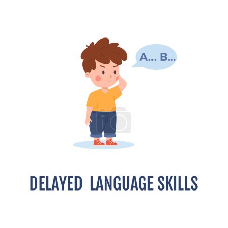 Ilustración de Delayed language skills in children as symptom of autism or developmental disorder. Speech therapy and Autism early diagnosis, flat vector illustration isolated on white. - Imagen libre de derechos