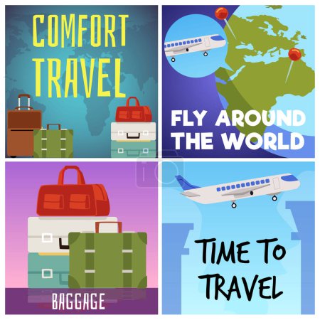 Illustration for Travel agency banners or posters for social media pack, flat vector illustration. Organization of travel and recreation, advertising for sale of tours. - Royalty Free Image
