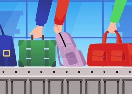 Téléchargez les illustrations : Human hands picking up luggage from conveyor belt at airport flat style, vector illustration. Backpacks, bags and suitcases, baggage, transportation and traveling - en licence libre de droit