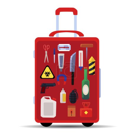 Illustration for Baggage suitcase with prohibited illegal items and smuggling at security check at the airport or public transport, flat vector illustration isolated on white background. - Royalty Free Image