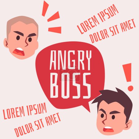 Ilustración de Angry boss banner design with employer and subordinate avatars, flat vector illustration. Toxic aggressive behavior of the manager, work conflict and contempt. - Imagen libre de derechos
