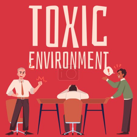 Illustration for Toxic environment banner or poster with arguing conflicting company employees, flat vector illustration. Lack of corporate ethics and toxic work environment. - Royalty Free Image