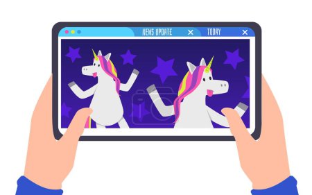 Téléchargez les illustrations : Human hands holding tablet with funny dancing unicorns flat style, vector illustration on white background. Viral content, digital marketing, design element - en licence libre de droit