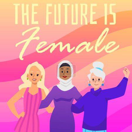 Illustration for Squared banner with diversity women together flat style, vector illustration. Happy smiling women different ages and nationalities, the future is female text, decorative design - Royalty Free Image