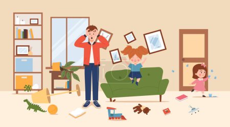 Ilustración de Parent horrified and shocked by the mess made by naughty children in the room. Naughty children, sluts make a mess and dirty furniture, flat vector illustration. - Imagen libre de derechos