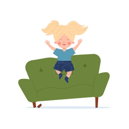Illustration for Naughty unruly kid girl jumping on sofa. Children bad behavior, unruliness and disobedience concept, flat vector illustration isolated on white background. - Royalty Free Image