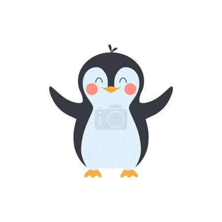Illustration for Cute friendly baby penguin smiling while raising its wings, flat vector illustration isolated on white background. Baby penguin for kids clothing and textile prints. - Royalty Free Image