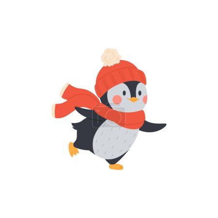 Illustration for Funny baby penguin in winter knitted hat and scarf cartoon character, flat vector illustration isolated on white background. Penguin mascot for winter prints and designs. - Royalty Free Image