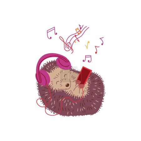 Illustration for Funny relaxing hedgehog listens to music in headphones, flat cartoon vector illustration isolated on white background. Charming hedgehog comic cartoon character. - Royalty Free Image