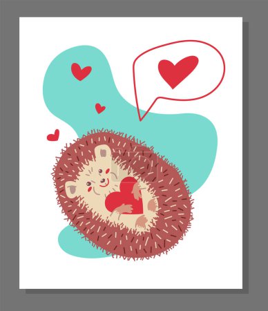 Téléchargez les illustrations : Lovely cute hedgehog lies on its back surrounded with hearts, flat vector illustration isolated on white background. Hedgehog adorable character for love messages. - en licence libre de droit