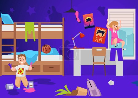 Illustration for Hyperactive naughty children make a mess and get dirty their room, flat cartoon vector illustration. Problem of childrens behavior and obedience in family. - Royalty Free Image